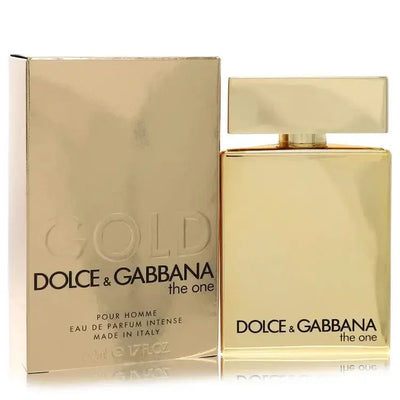 Dolce & Gabbana The One Gold Cologne bottle — Oriental Spicy Woody men fragrance with grapefruit, basil, cardamom, ginger, orange blossom, and tobacco flower