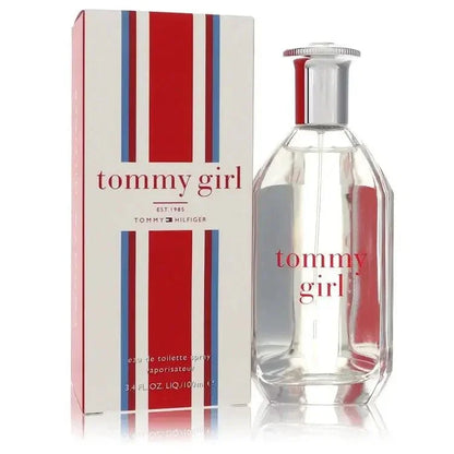 Tommy Girl perfume bottle and packaging with red, white, and blue design.