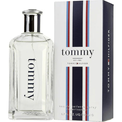 Clear tommy cologne bottle with silver cap and striped box, eau de toilette for men
