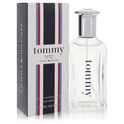 Tommy Hilfiger Eau de Toilette spray bottle and box for men, 50ml, with red, white, blue stripes.