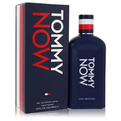 Tommy Now eau de toilette spray for men, navy blue bottle and box with red, white, blue accents