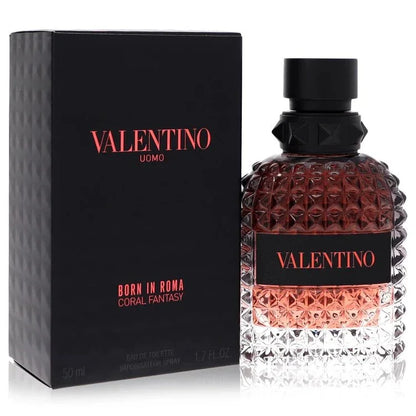 Valentino Uomo Born in Roma Coral Fantasy Cologne bottle — woody spicy fragrance with red apple, cardamom, sage, lavender, tobacco and patchouli