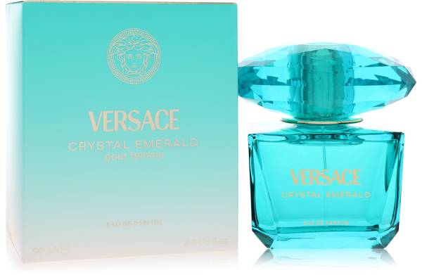 Versace Crystal Emerald Eau de Parfum bottle - Women's floral fruity woody fragrance with mandarin, bergamot, lemon, peony, jasmine, lily of the valley, sandalwood, amber, and musk