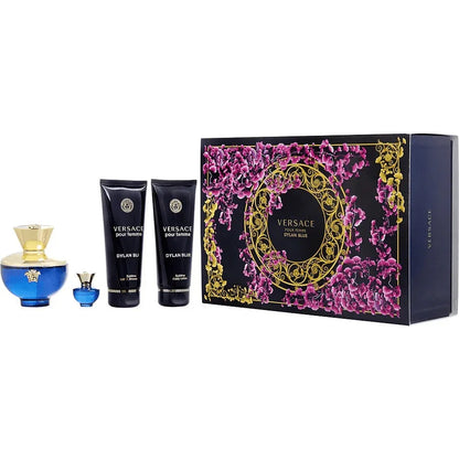Versace Pour Femme Dylan Blue gift set with perfume, body lotion, and floral box
