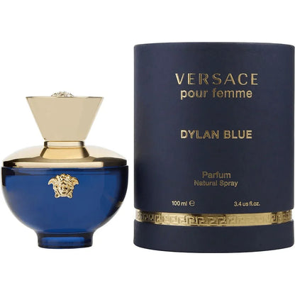 Blue and gold Versace pour femme Dylan Blue perfume bottle with matching box