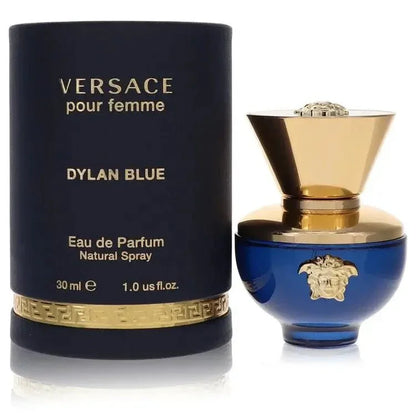 Versace Dylan Blue pour femme Eau de Parfum spray and box, blue and gold design