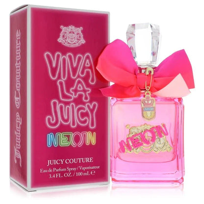 Viva La Juicy Neon perfume bottle with a pink bow and matching branded box