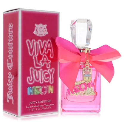 Viva La Juicy Neon perfume bottle with pink bow and matching pink packaging.