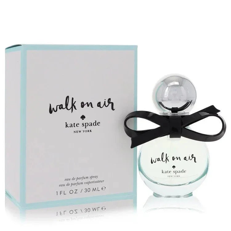 Kate Spade Walk On Air Perfume bottle in light blue glass with signature black bow and silver cap