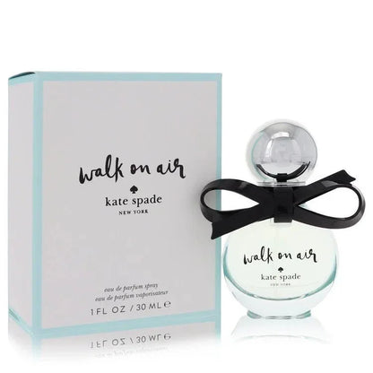 Kate Spade Walk On Air Perfume bottle in light blue glass with signature black bow and silver cap