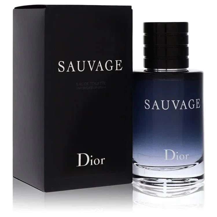 Sauvage 2 oz eau de toilette spray bottle and box with gradient blue design