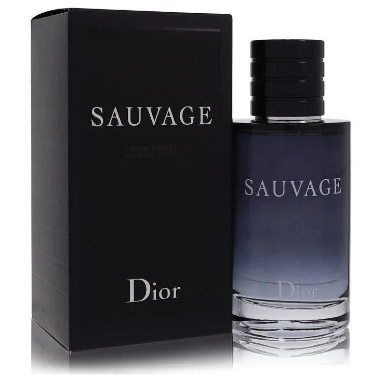 Sauvage Dior perfume bottle and box, gradient blue glass, designer fragrance for men