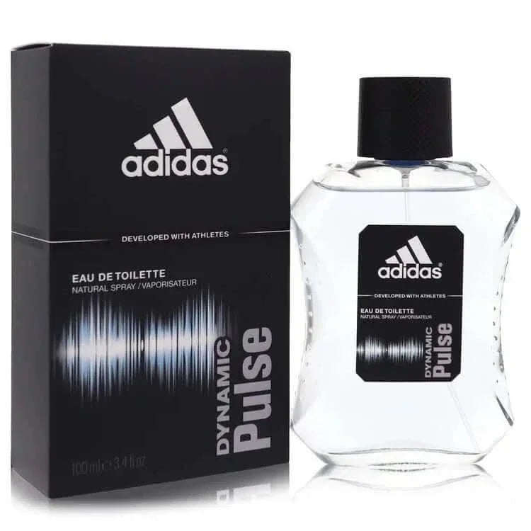 Adidas Dynamic Pulse Cologne bottle — fresh woody aromatic men's fragrance with mandarin, grapefruit, mint, cedar leaves, patchouli, sandalwood, tonka bean, and rockrose
