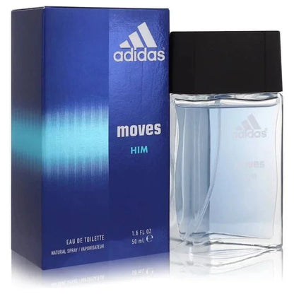 Adidas Moves Eau de Toilette asymmetrical kinetic twisted glass bottle — luxury men's aromatic fougere fragrance featuring unique notes of pineapple and ginger