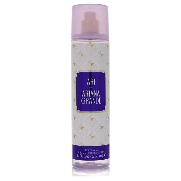 Ari by Ariana Grande body mist spray bottle, 8 fl oz, with purple label and patterned design.