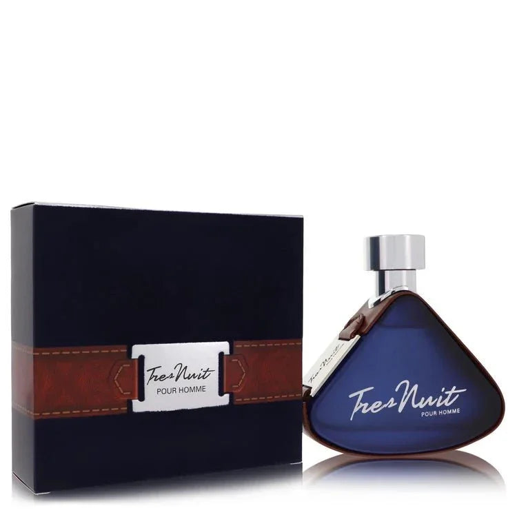 Armaf Tres Nuit Cologne bottle — aromatic spicy men's fragrance with lemon, lemon verbena, iris, lavender, violet, ambergris, and sandalwood.
