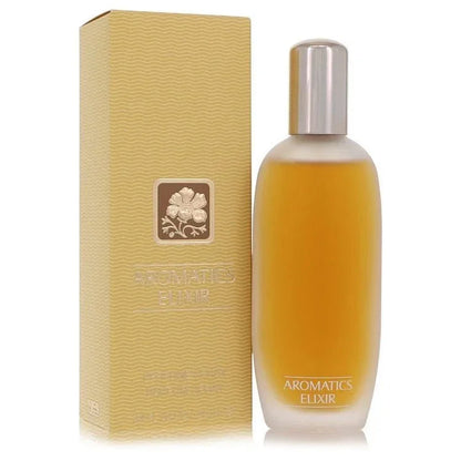 Aromatics Elixir perfume bottle with matching gold box, luxury fragrance packaging