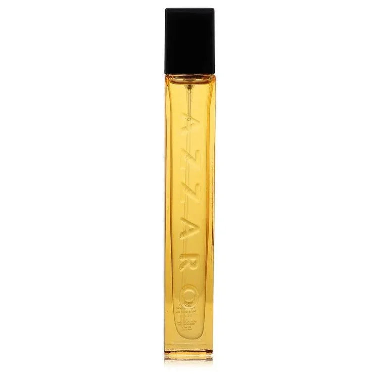 Tall rectangular amber perfume bottle with black cap and embossed lettering, isolated on white