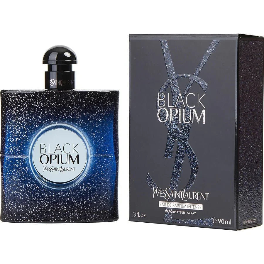 YSL Black Opium Intense Eau de Parfum spray bottle with matching retail box, 90ml size.