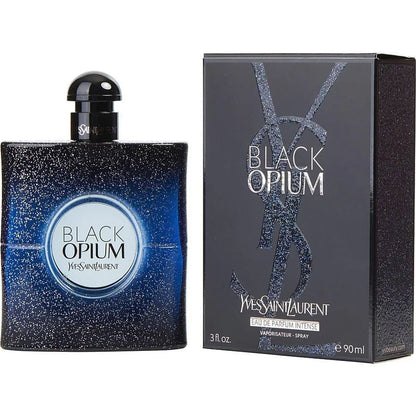 YSL Black Opium Intense Eau de Parfum spray bottle with matching retail box, 90ml size.