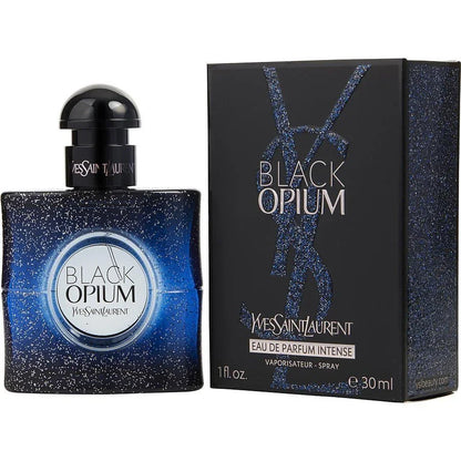 Black Opium Intense Eau de Parfum 30ml spray bottle and box with blue glitter design