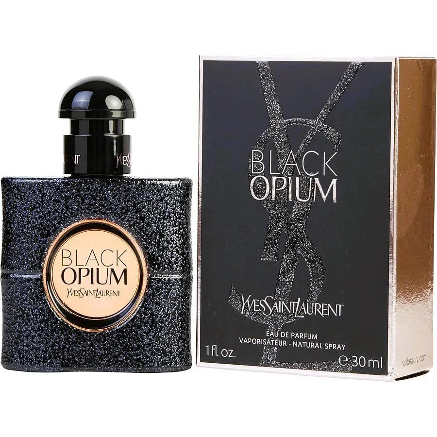Black Opium Eau de Parfum spray bottle and box, glittery black design, 30ml for women