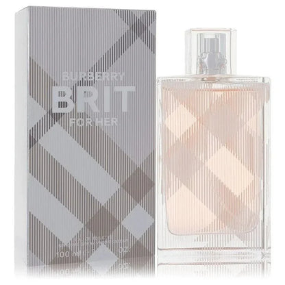 Burberry Brit perfume for women, 100ml bottle and box with plaid pattern on white background