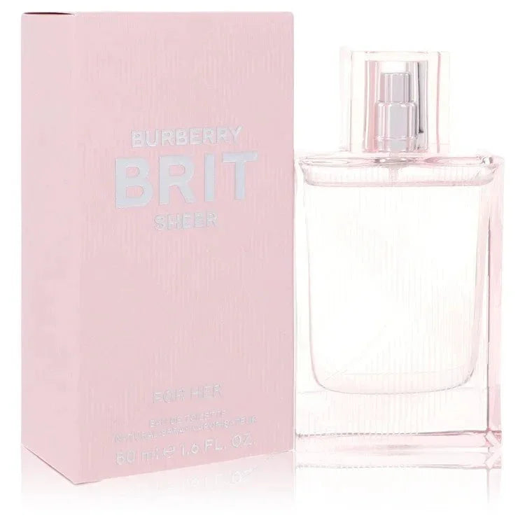 Pink boxed perfume bottle labeled BRIT Sheer Eau de Toilette for women, 50 ml