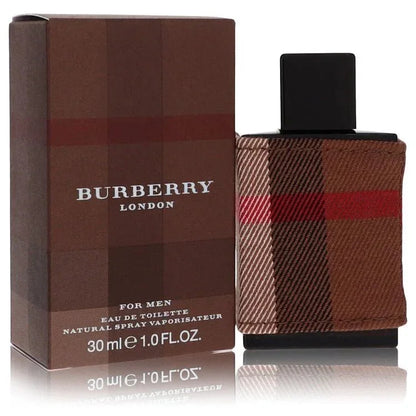 Burberry London for Men Eau de Toilette spray bottle and box, 30ml, plaid design.
