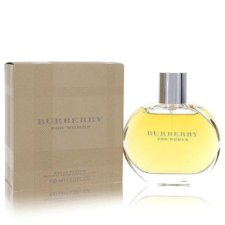 Burberry For Women eau de parfum spray with box, clear round bottle and beige packaging