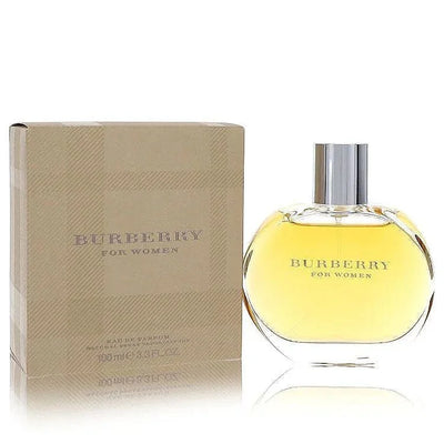 Burberry For Women eau de parfum spray with box, clear round bottle and beige packaging