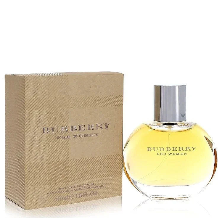 Burberry For Women Eau de Parfum spray and box, clear round bottle with gold liquid