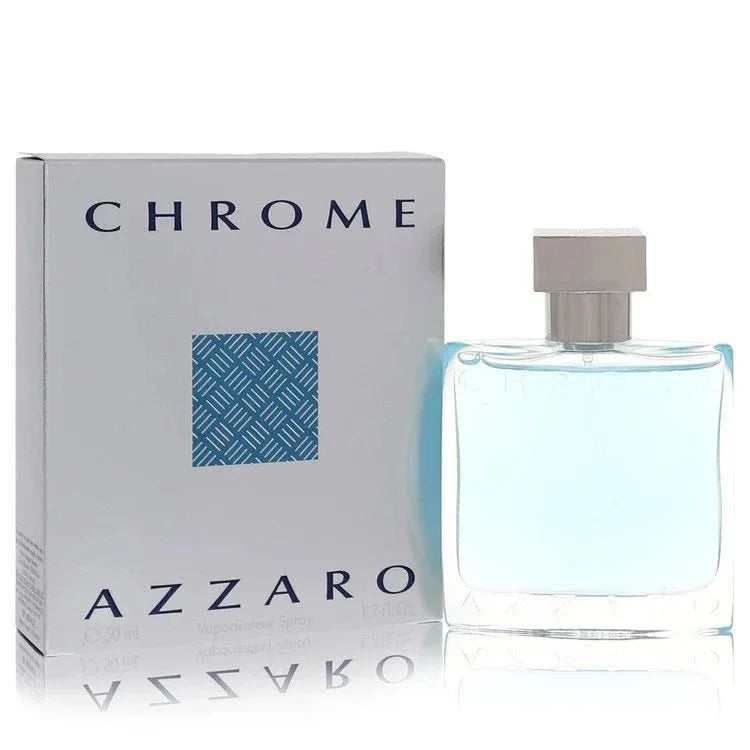 Chrome Eau de Toilette Spray for men in clear bottle with silver cap, next to branded box