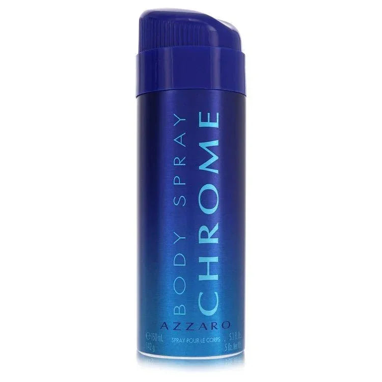 Azzaro Chrome body spray for men in a metallic blue can, 150ml size.