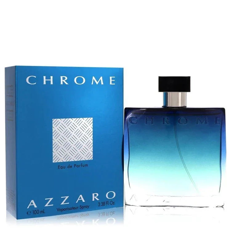 Azzaro Chrome Eau de Parfum spray and box in gradient blue, 100ml men's fragrance.
