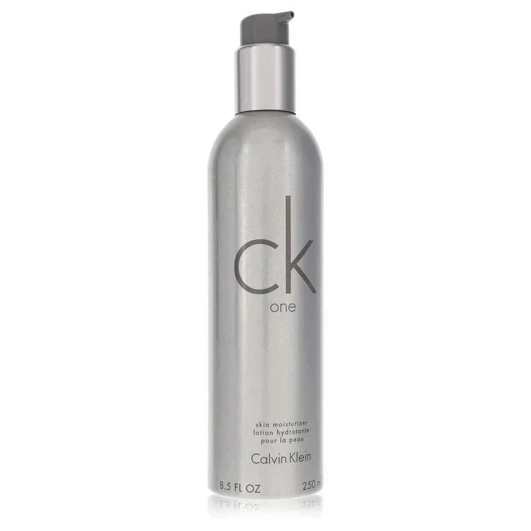 ck one skin moisturizer bottle with pump, silver packaging, 250ml size