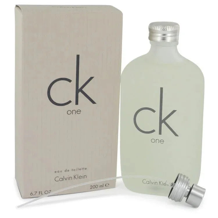 CK One Eau de Toilette spray bottle and box, minimalist design, 200 ml size