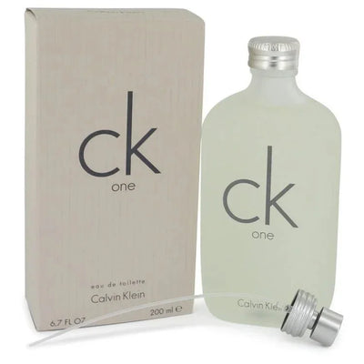 CK One Eau de Toilette spray bottle and box, minimalist design, 200 ml size