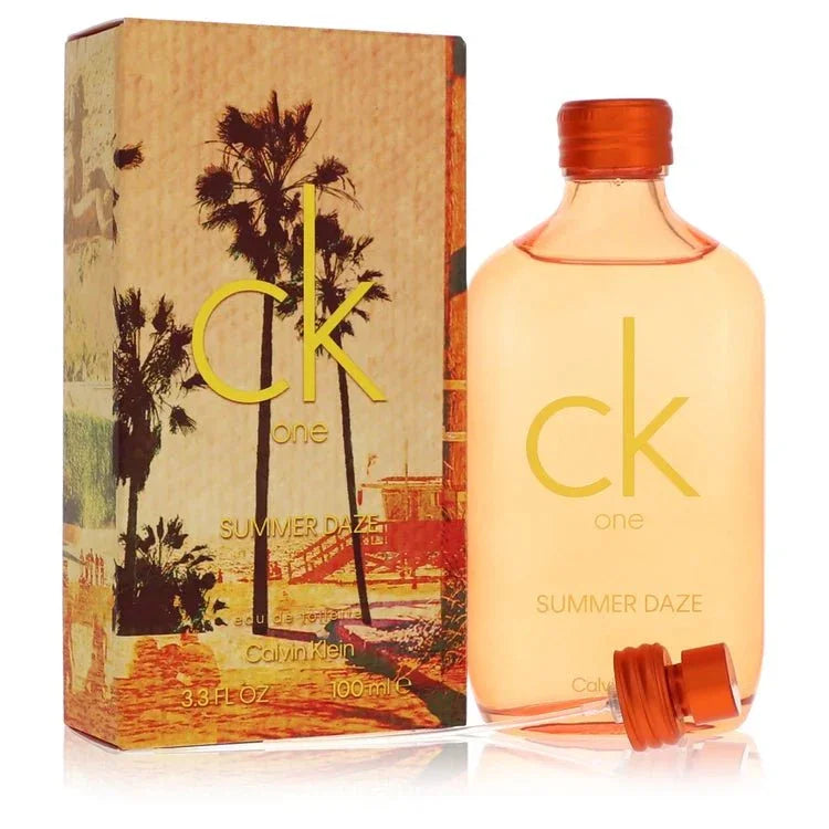 CK One Summer Daze cologne bottle and box with palm tree sunset design, 100ml fragrance.