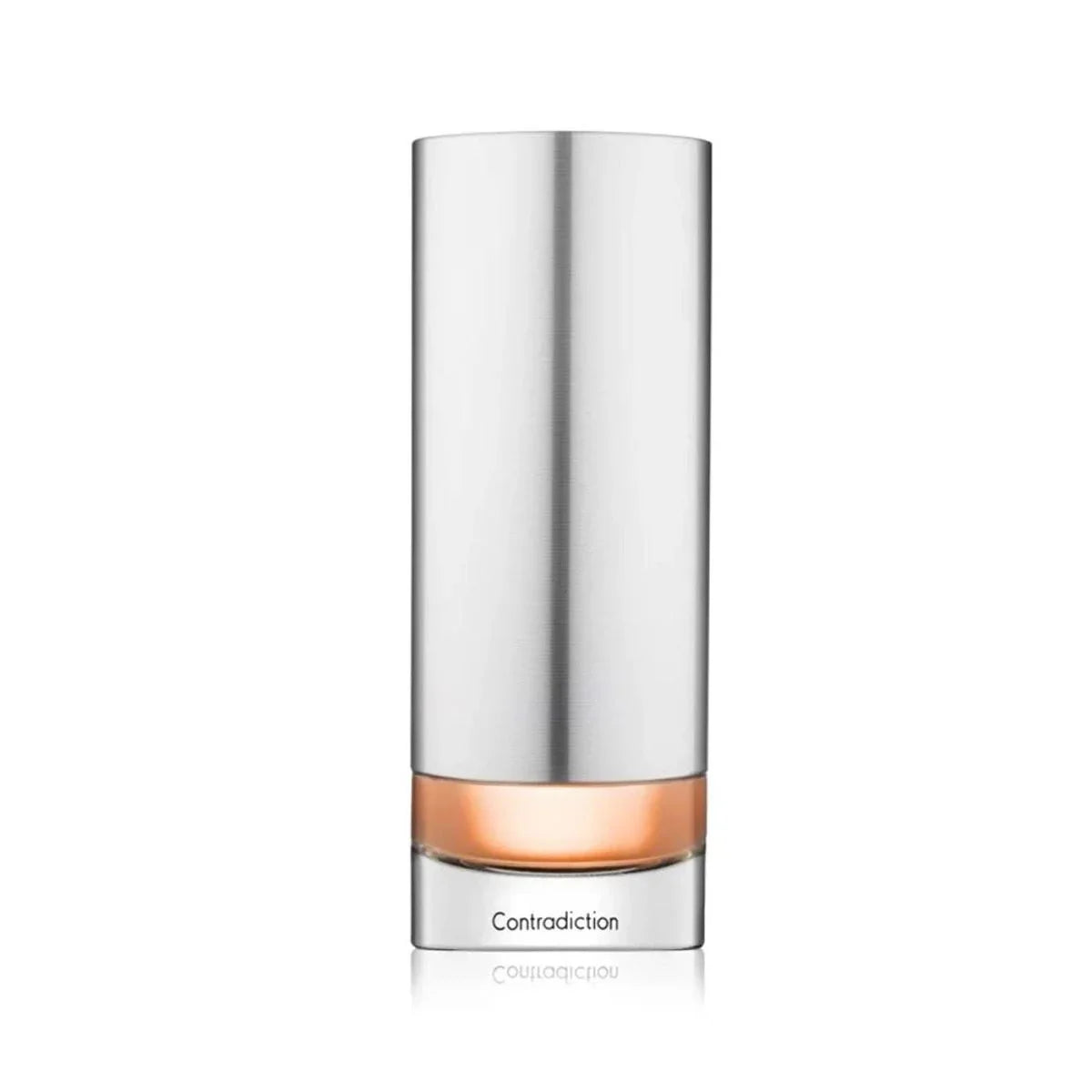 Contradiction perfume spray bottle with silver cap and peach liquid on white background