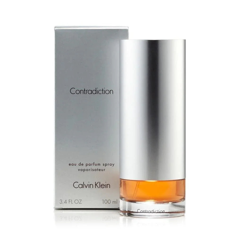 Contradiction Eau de Parfum spray bottle and box with silver finish, 100ml size, for women