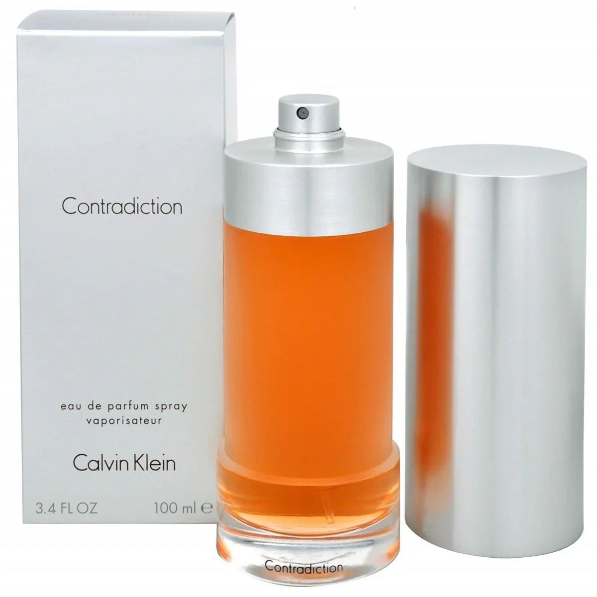 Contradiction eau de parfum spray for women, orange liquid in minimalist bottle with silver cap and box.