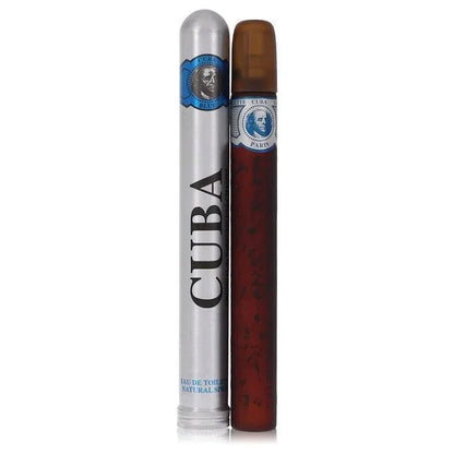 Cuba Blue cologne eau de toilette spray bottle and silver case, standing upright