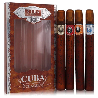 Cuba Classic cologne gift set with four brown cigar-shaped fragrance bottles and branded box