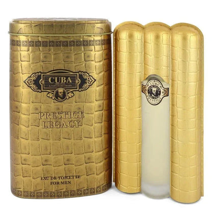 Cuba Prestige Legacy Eau de Toilette for men, gold textured packaging and bottle.
