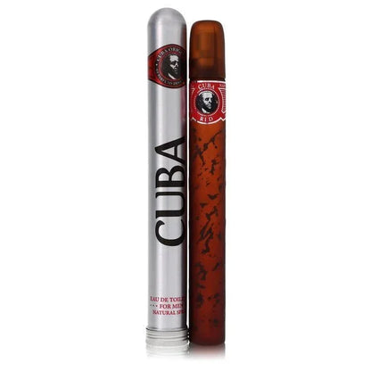 Cuba Red cologne for men, brown spray bottle and silver case, eau de toilette.