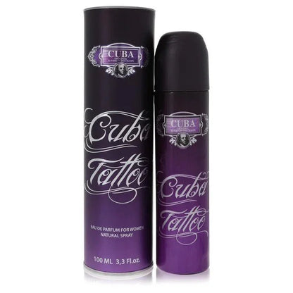 Cuba Tattoo Eau de Parfum spray for women, purple bottle with matching cylindrical box