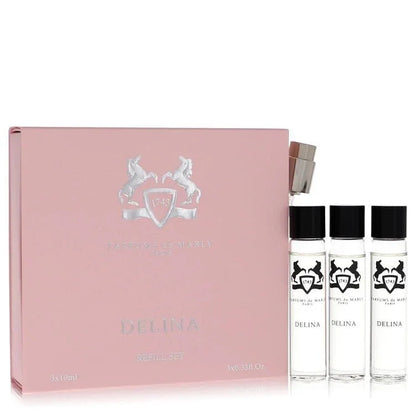 Delina refill perfume set for women with pink box and three clear spray vials