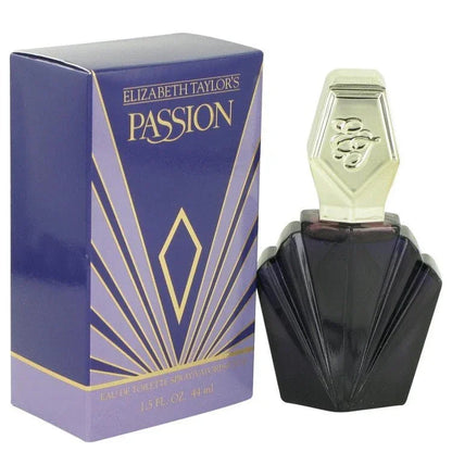 Elizabeth Taylor Passion perfume eau de toilette spray with purple box and geometric bottle