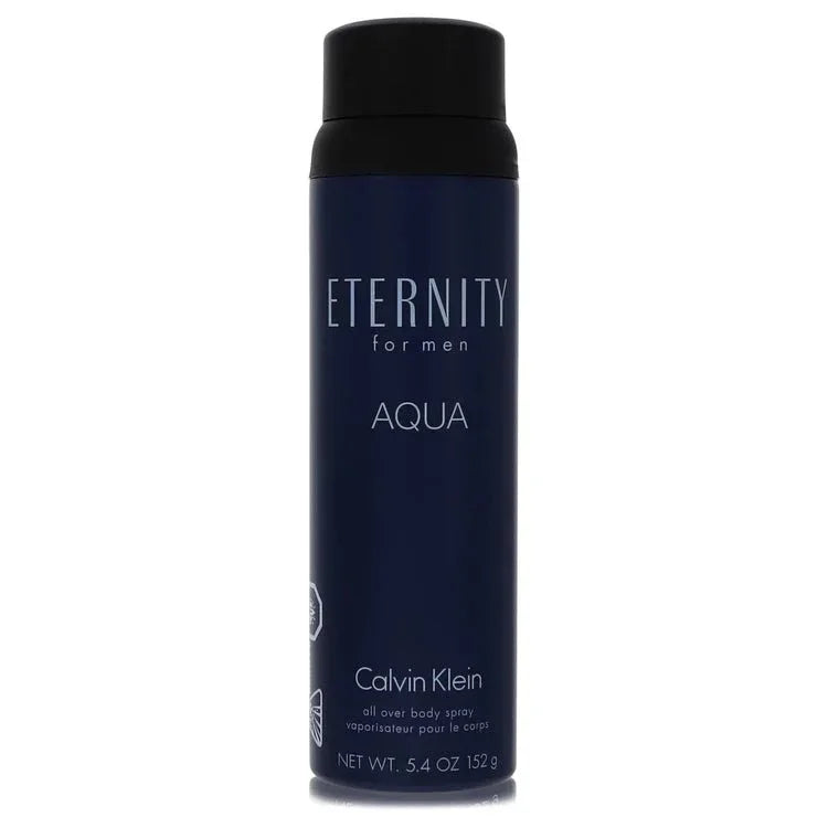Eternity Aqua for Men Calvin Klein navy body spray bottle, 5.4 oz, on white background.